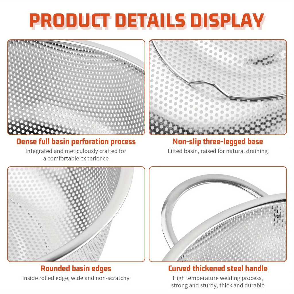 All Purpose Stainless Steel Fine Mesh Strainer Net Baskets with Handles Resting Base Colander Set Kitchen Supplies