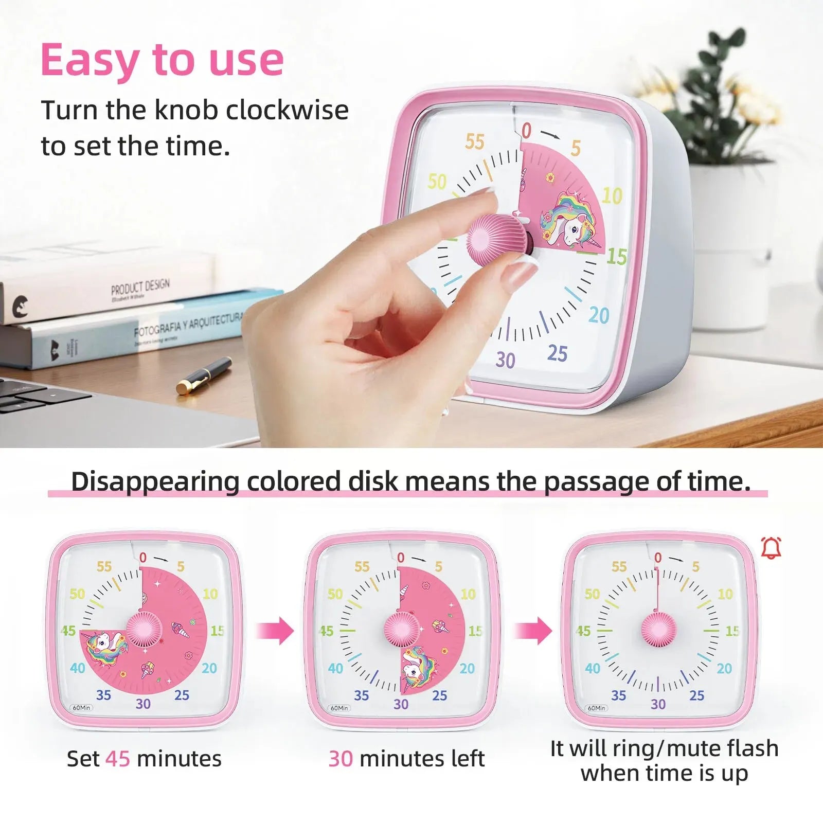 Children's Night Light Visible Learning Timer, 60-minute Countdown Kitchen Accessory Digital Timer for Home and School Supplies