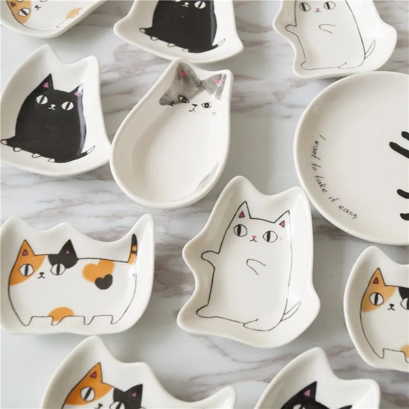 Japanese Ceramic Cat Incense Tray and Sauce Dish | Cute Animal Seasoning Plate for Kitchen