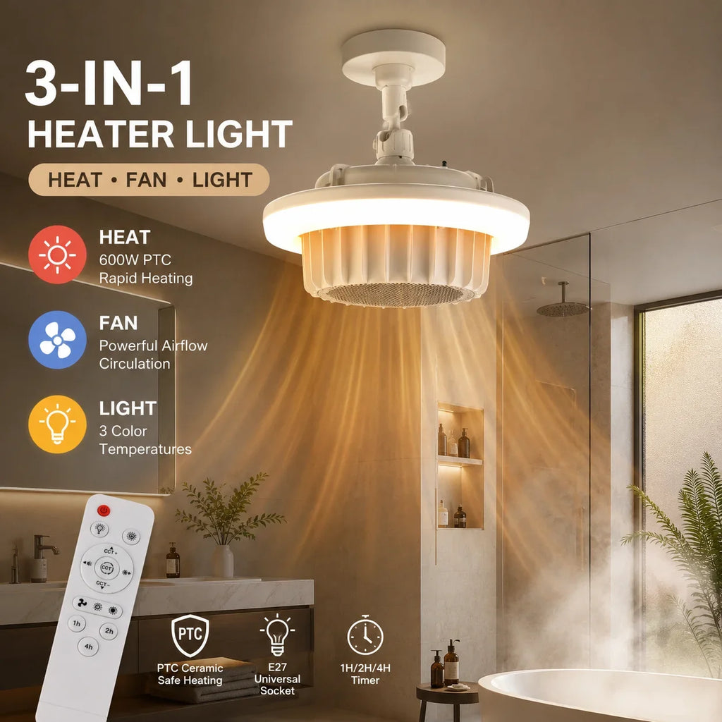 3-in-1 Bathroom Heater Fan Light 600W PTC Heating E27 Socket 3 Color LED Ceiling Lamp with Remote Control And 1H 2H 4H Timer
