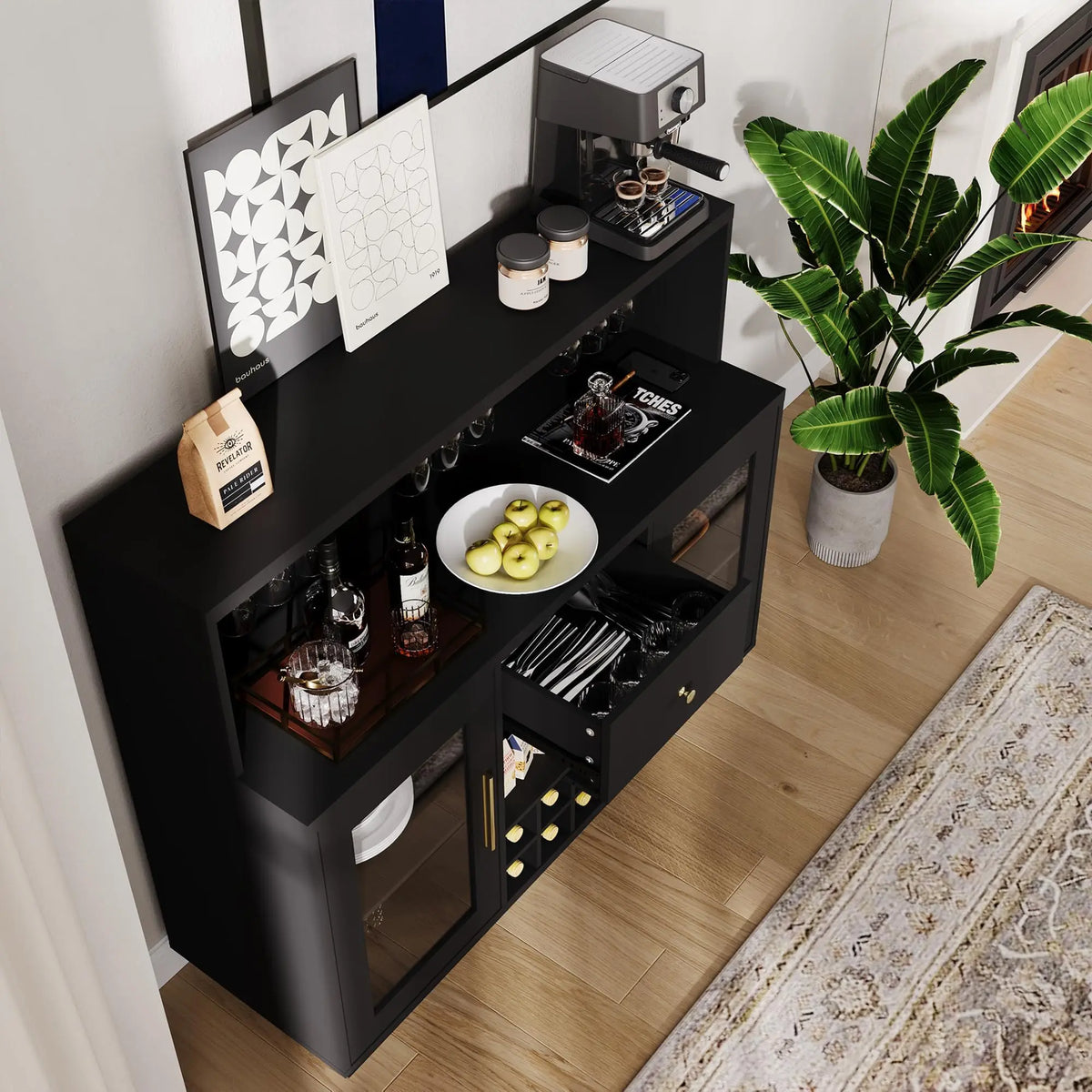 47" LED Wine Bar Cabinet With Glass Doors, 8 Bottle Rack, 15 Glass Holder, Drawers & Charging Station For Dining Room Kitchen