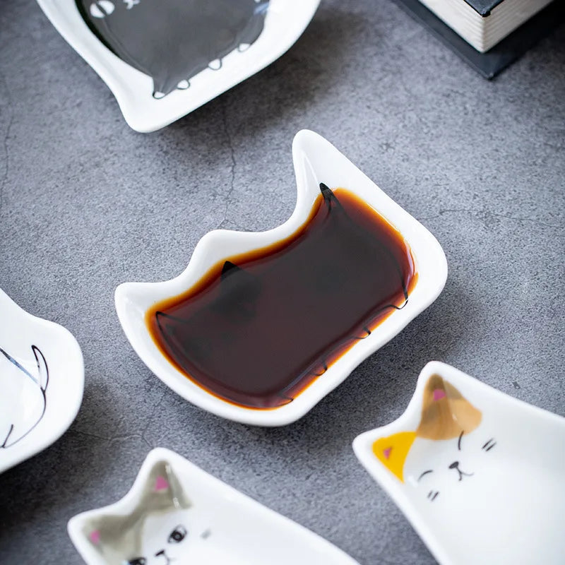 Japanese Ceramic Cat Incense Tray and Sauce Dish | Cute Animal Seasoning Plate for Kitchen