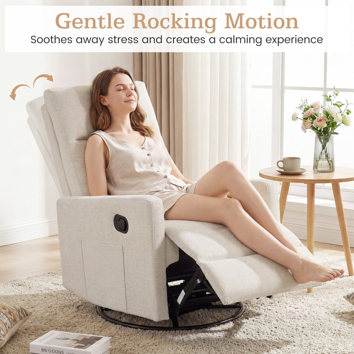 Swivel Rocking Chair 360° Nursery Reclining Rocker Armchair with Cushioned Back