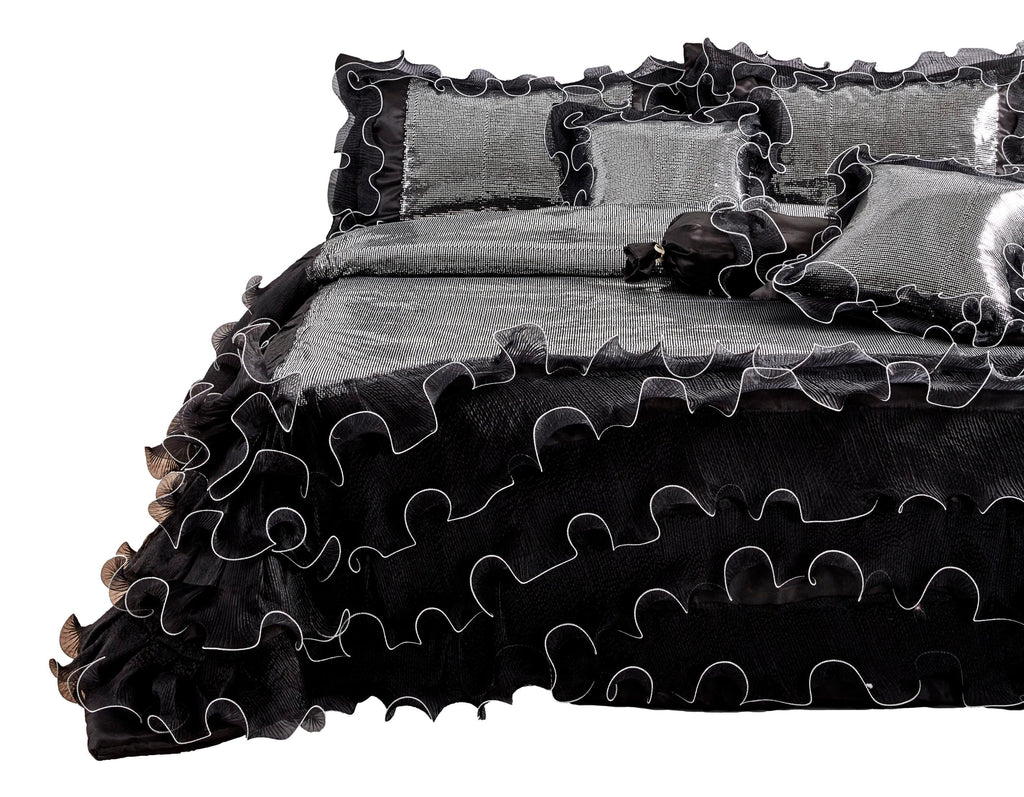 Tache Luxurious Glam Night Out Silver Sequin Black Organza Ruffle 6pc Comforter Set (1622)