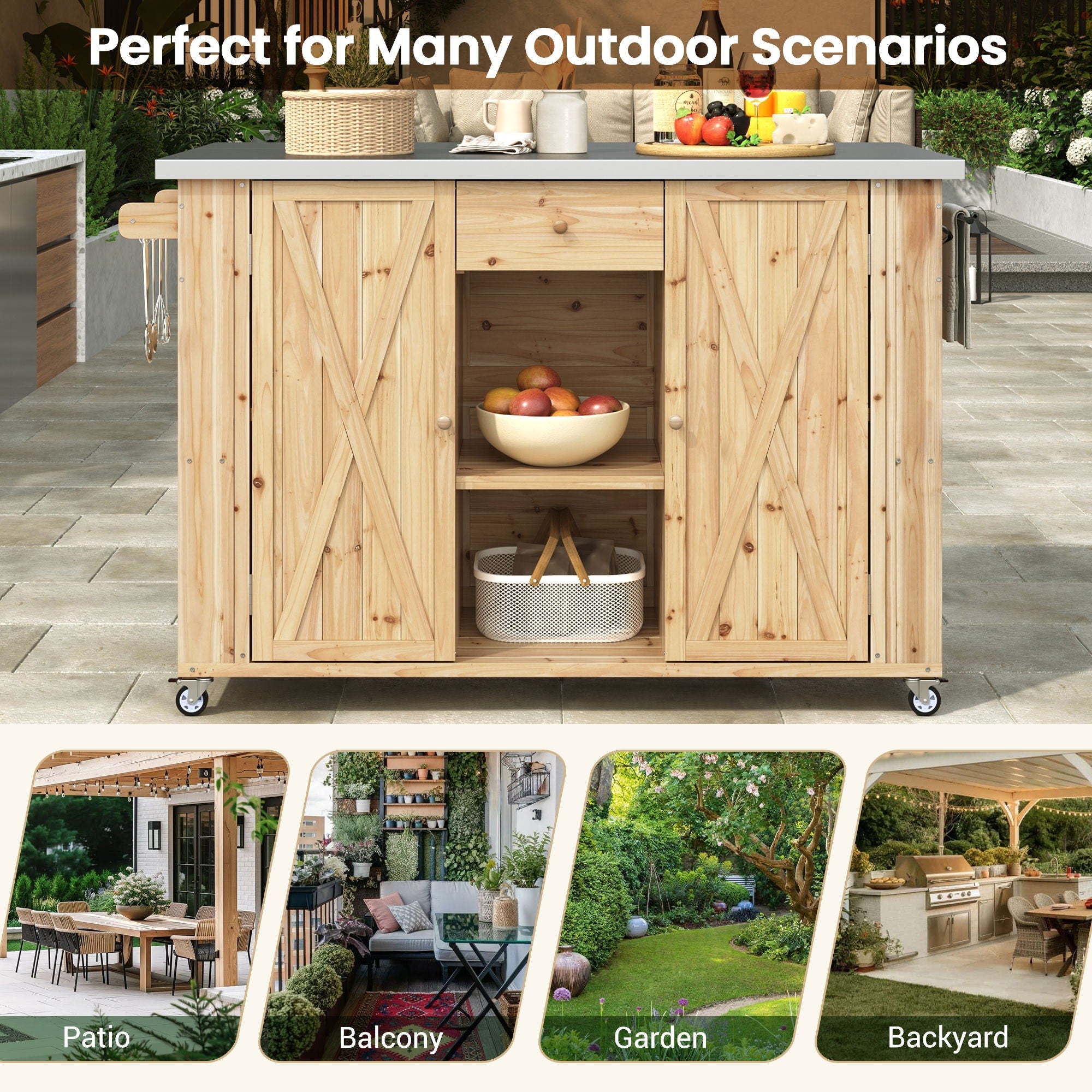 Outdoor Kitchen Island With Stainless Steel Top, Ample Storage Space, Towel And Spice Racks And A Bottle Opener