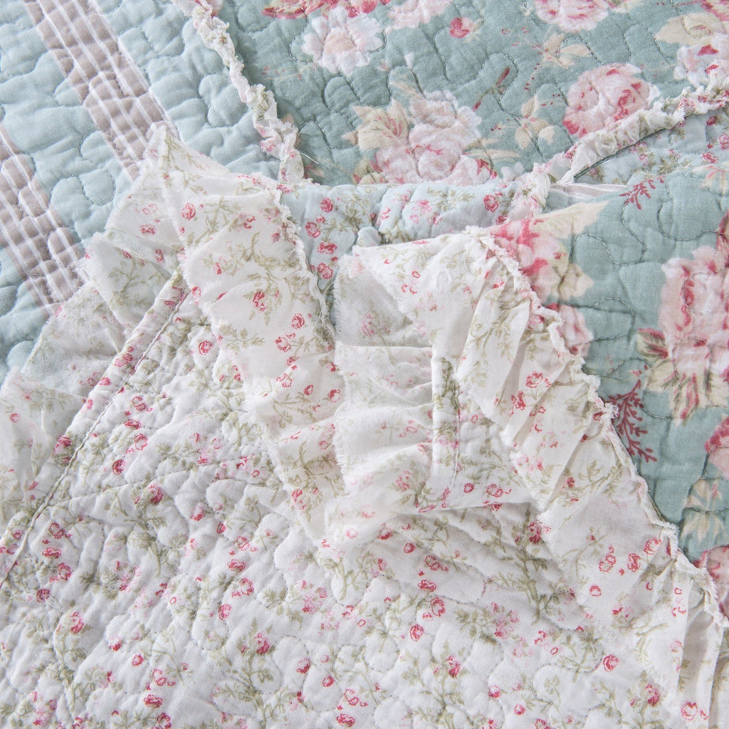 DaDa Bedding Hint of Mint Floral Pastel Cotton Patchwork Ruffle Bedspread Set (JHW-3036)