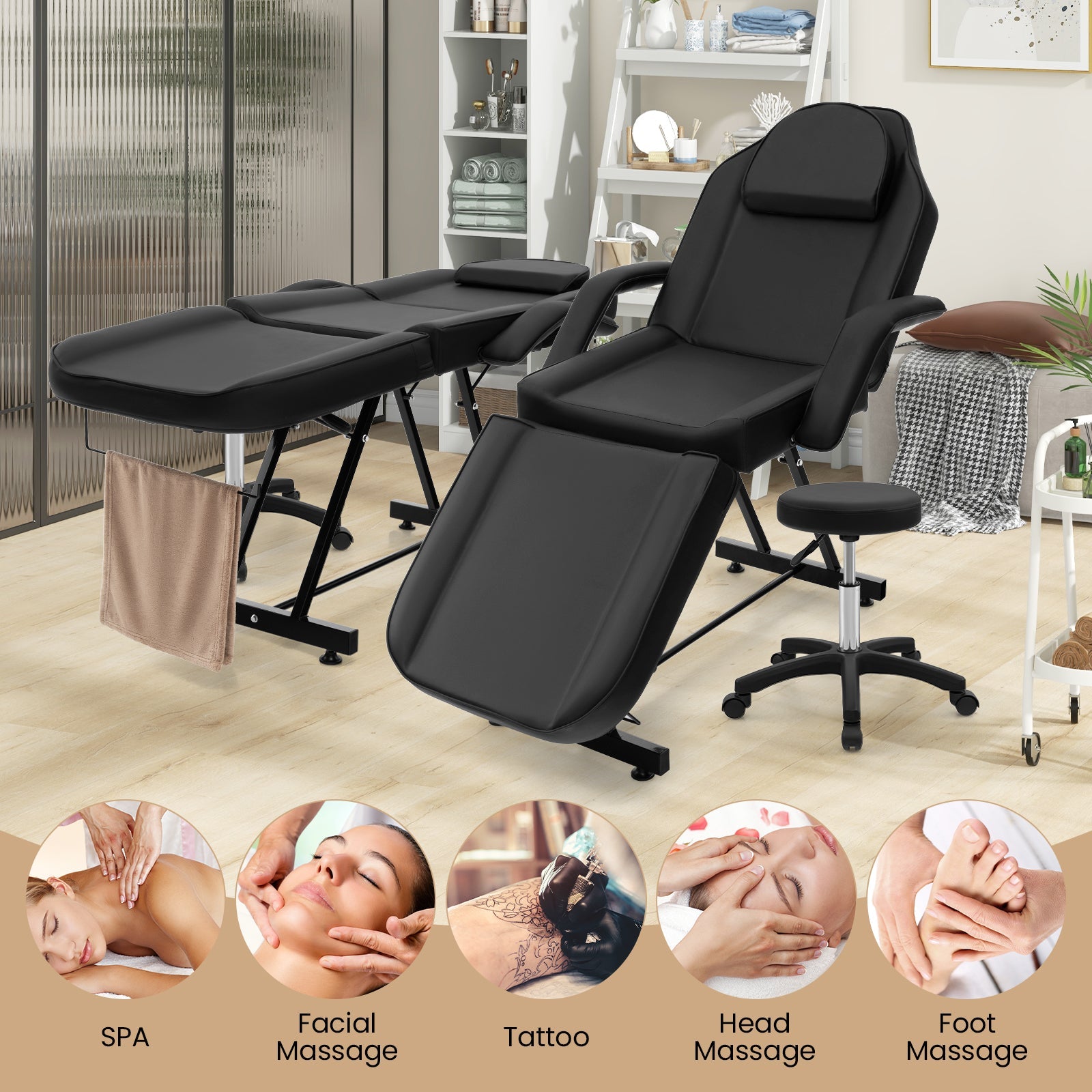 73 Inch Facial Chair Set with Removable Headrest Detachable Armrests and Towel Rack-Black