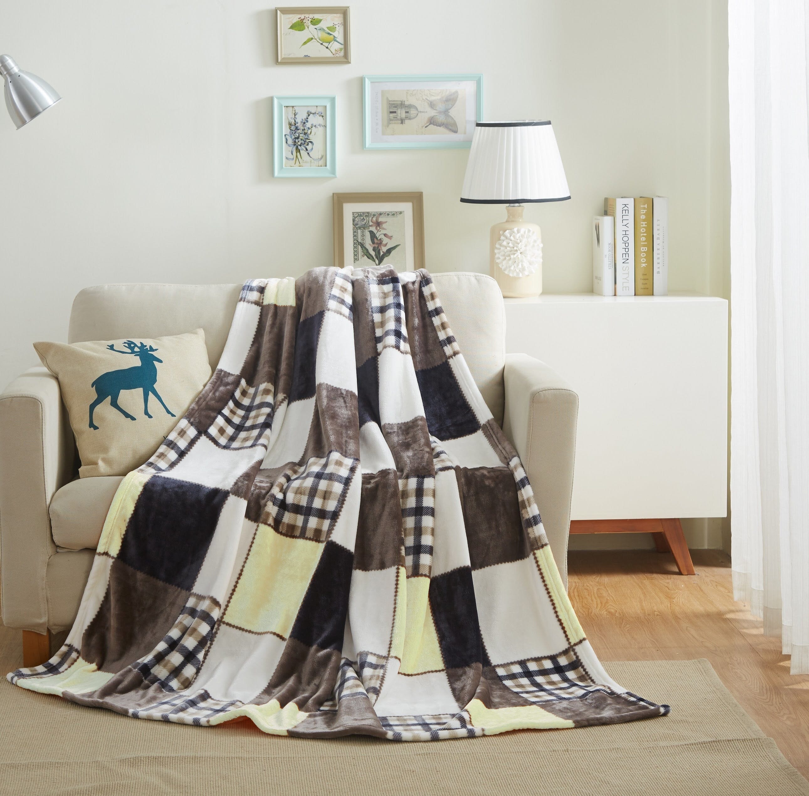 Tache Buttermilk Fall Yellow Brown Farmhouse Super Soft Plaid Patchwork Throw Blanket (4026)