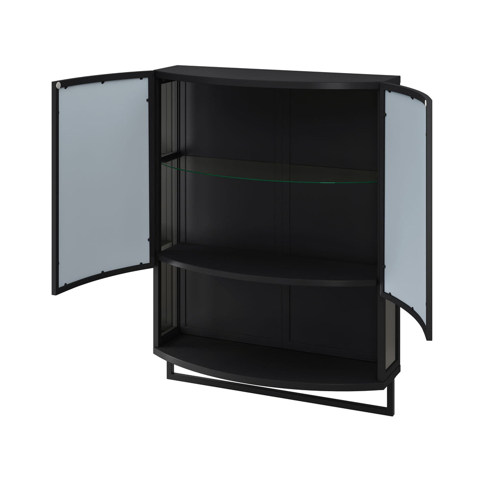 Arched Glass Double Door Wardrobe With Shatterproof Mirror, Open Shelf & Towel Rack