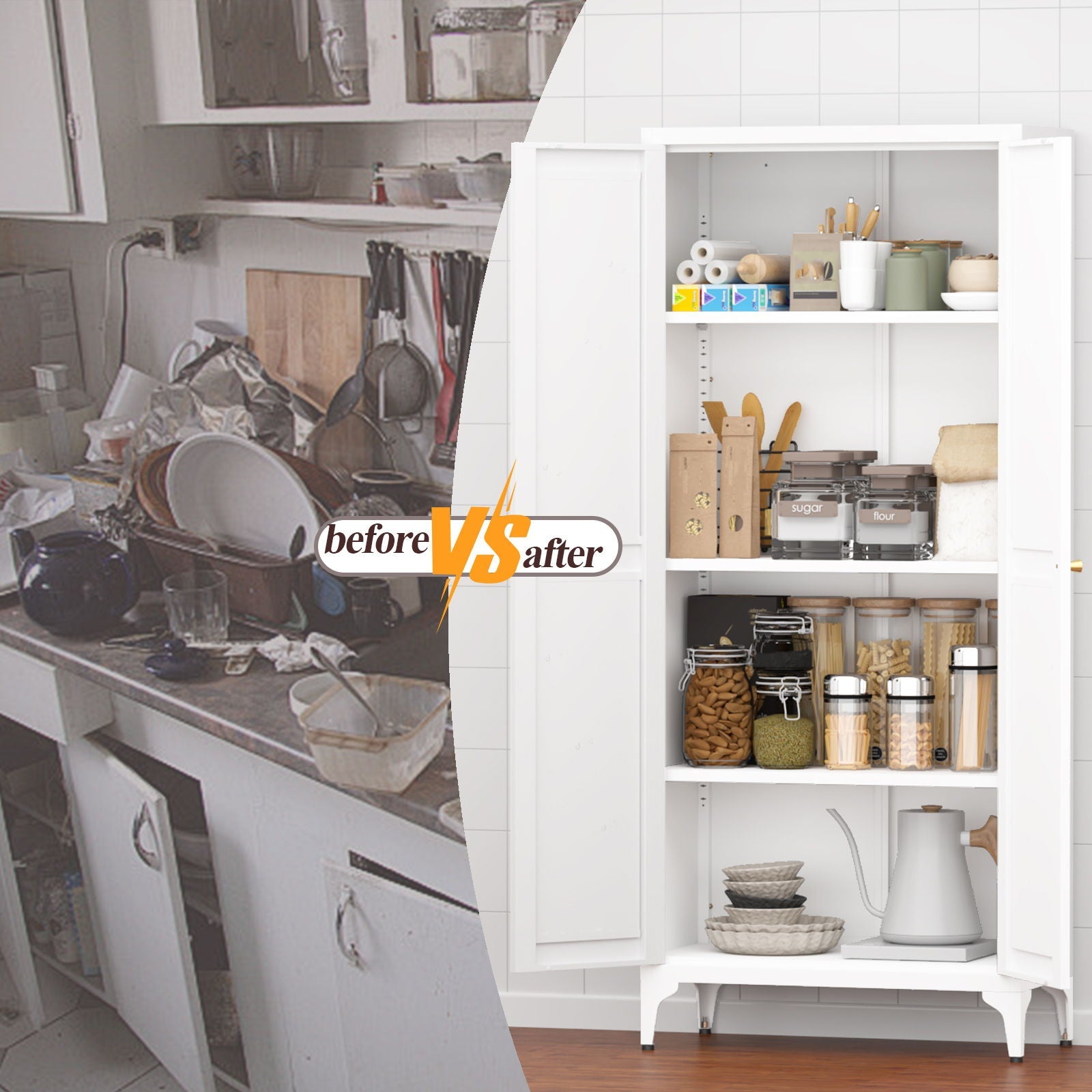 Adjustable 2 Door Kitchen Pantry Cabinet With Striped Design