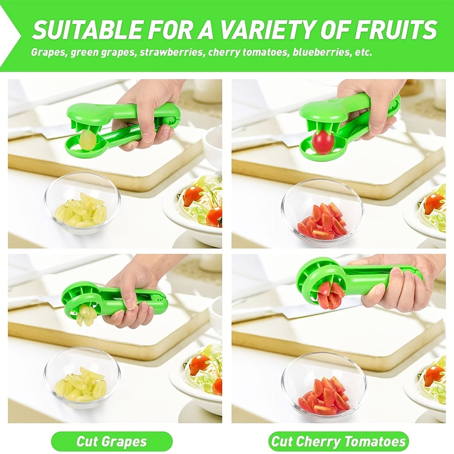 Grape Tomato Cherry Strawberry Cutter - Multifunctional Vegetable and Fruit Cutter - No Blade - Green - Creative Kids Supplies - Kitchen Gadget