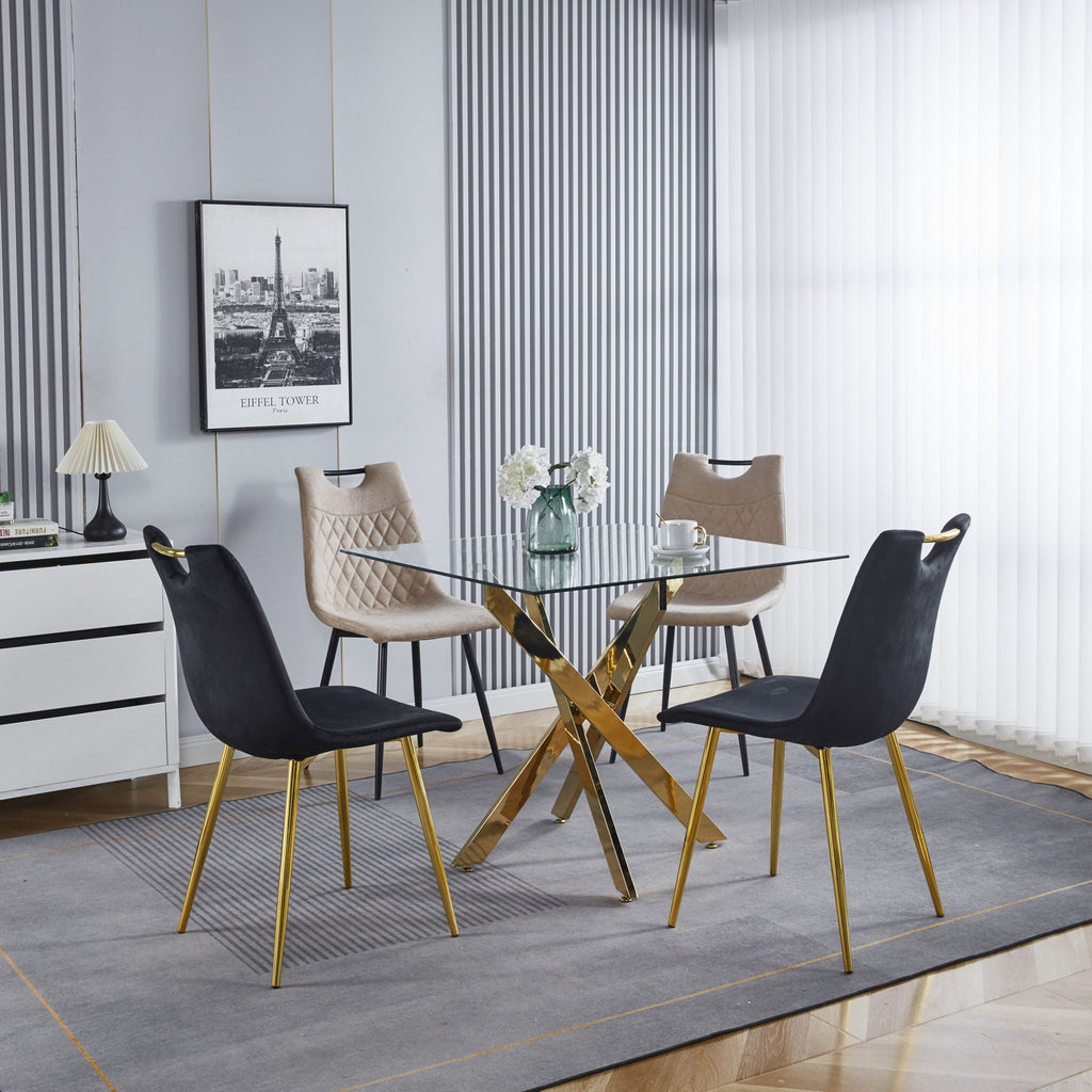 Dining Table With Cross Metal Leg And Tempered Glass, Modern Space Saving Kitchen Table For Living Room Legs, Square Table