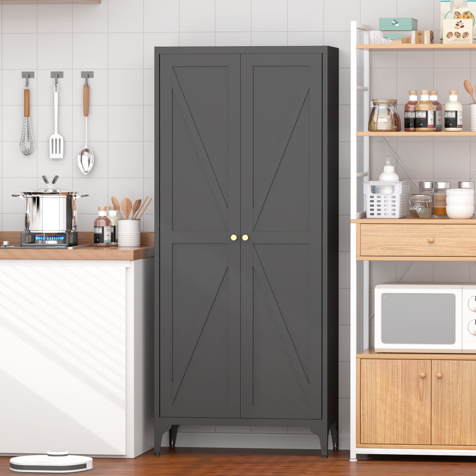 Adjustable 2 Door Kitchen Pantry Cabinet With Striped Design