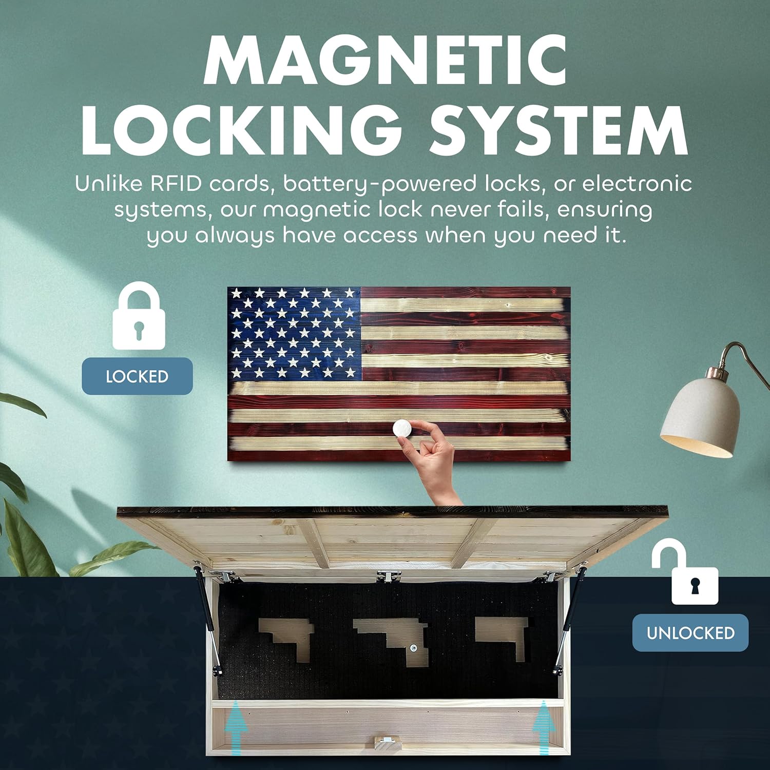 Large American Flag Gun Safe - Quick Access Hidden Gun Safe for Rifles, Shotguns, & Handguns - Gun Concealment Furniture with Magnetic Lock - Gun Self Hidden Storage (Red and Blue)