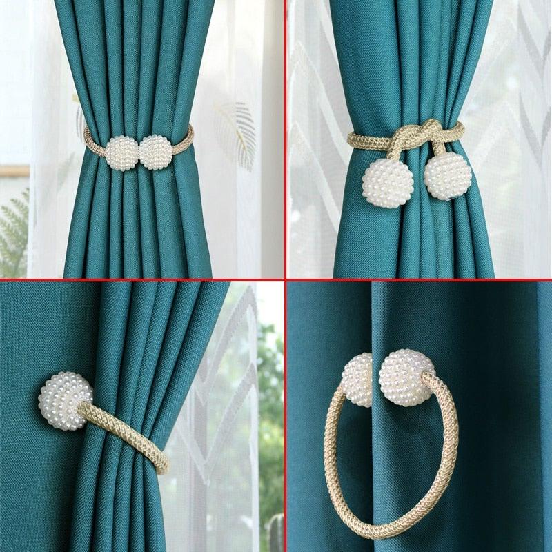 Pearl Magnetic Curtain Clip Tieback Home Decor Buckle Curtain Holder Hanging Ball Rope Straps Holdbacks Room Accessories Strong Magnetic Curtain Tiebacks Pearl Decorative Rope Window Holdbacks For Drapes Home Office
