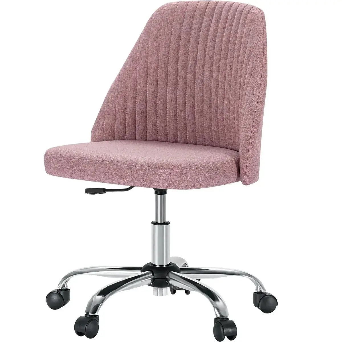 Pink Fabric Armless Swivel Office Chair With Wheels For Home