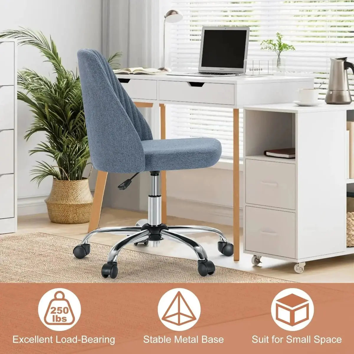 Pink Fabric Armless Swivel Office Chair With Wheels For Home