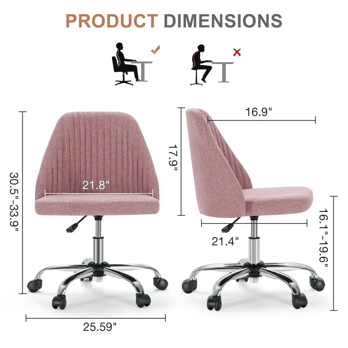 Pink Fabric Armless Swivel Office Chair With Wheels For Home